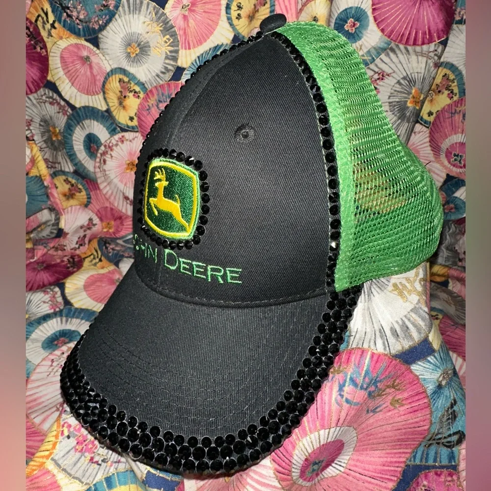 John Deere Black and Green Mesh SnapBack Trucker Hat Cap with Rhinestone Trim